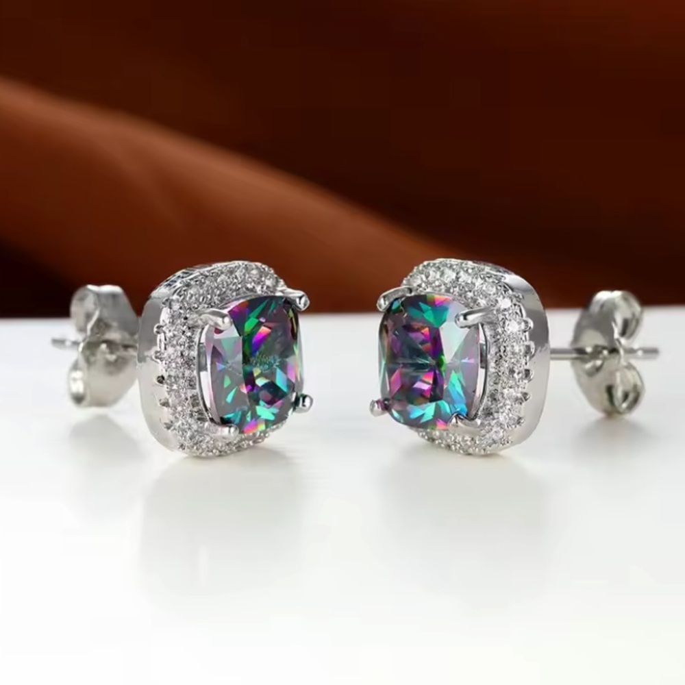 18k White Gold Plated & Mystic Topaz Stud Earrings - Picture 4 of 5